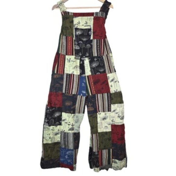 Patchwork Mushroom Overalls Hippie Boho Festival Cottagecore Granola Fairycore - Picture 1 of 8